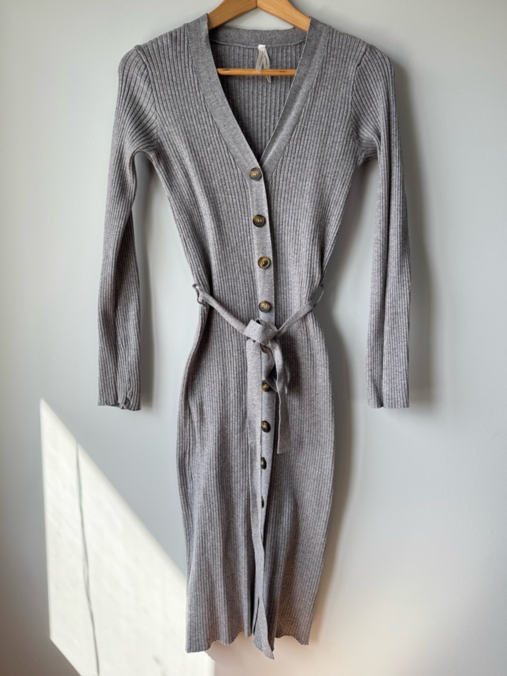 (S/M) Ribbed Button-Front Knit Dress in Gray